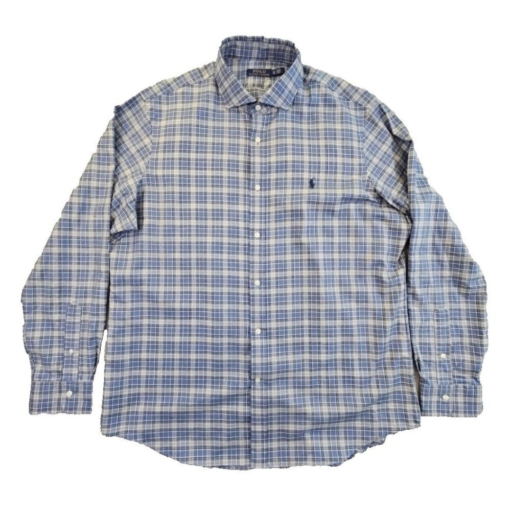 Polo Ralph Lauren Spread Collar‎ Men's XL Blue Plaid LS Button-Down Blue Pony LN